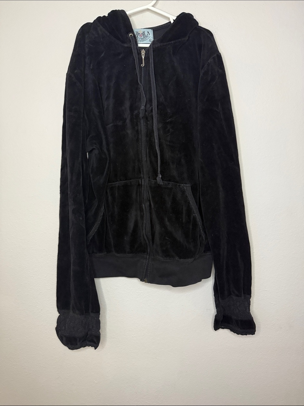 Vintage Juicy Couture Black Velour Lace Embroidered Cuff Hoodie Jacket XL Y2K
